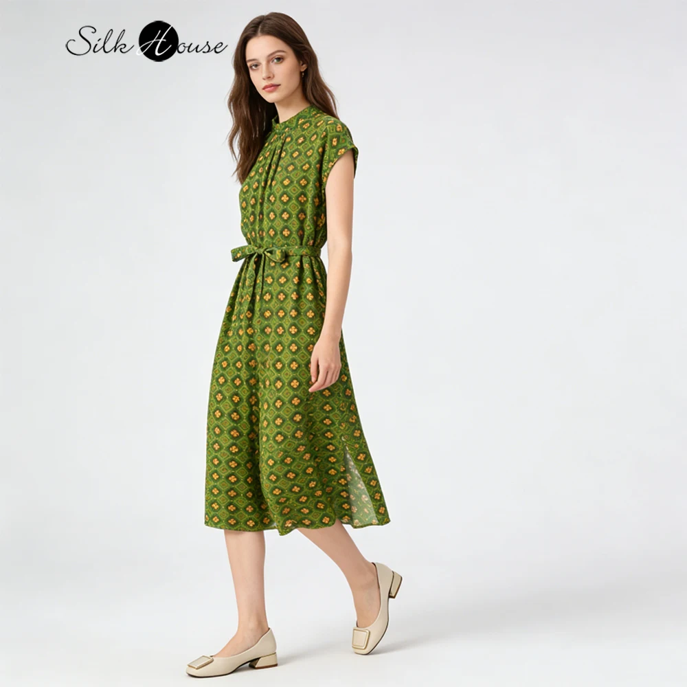 

Women's Casual Summer Clothing Olive Green Print Elegant Stand Collar 100%Natural Mulberry Silk Double Crepe Short Sleeved Dress