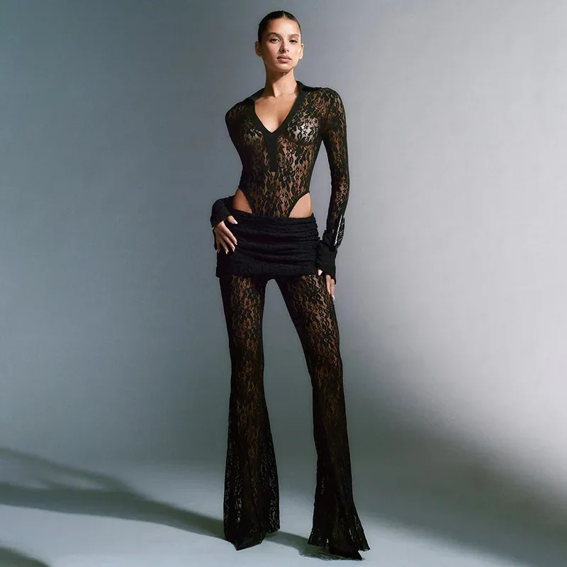 Print Floral See Through Lace Women Pants Black Hollow Out High Waist Pants Female Autumn New Casual Outside Streetwear