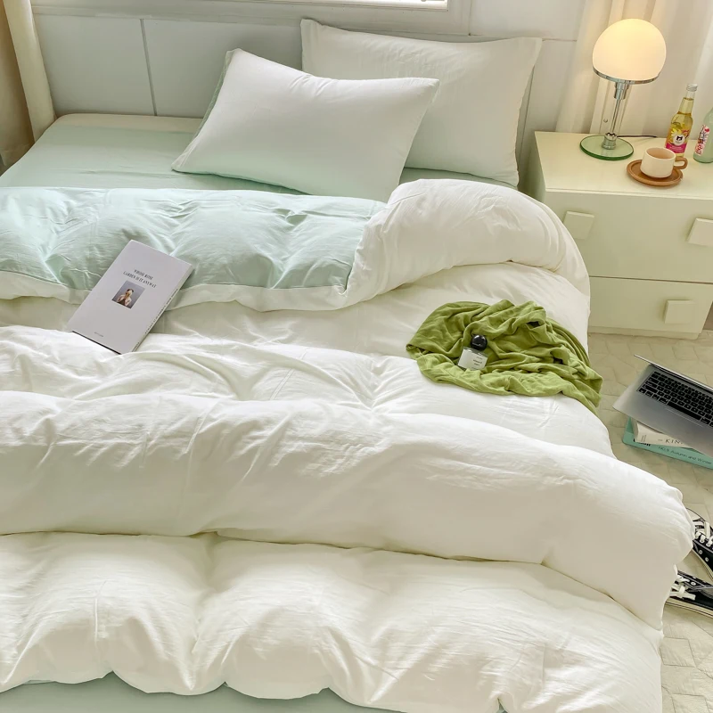 3pcs white/green Duvet Cover Set (1*Duvet Cover + 2*Pillowcase, Without Core),pure fabricBedding Set