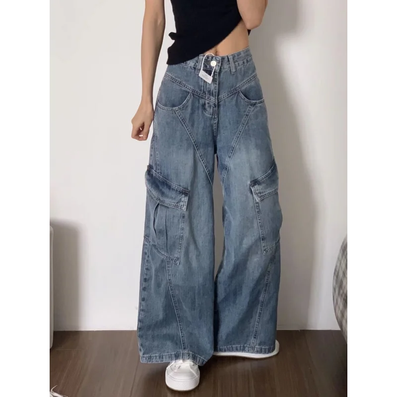 

Новые широкие джинсы в американском стиле ретро с высокой талией для похудения и дизайном с несколькими карманами, свободные и универсальные рабочие брюки