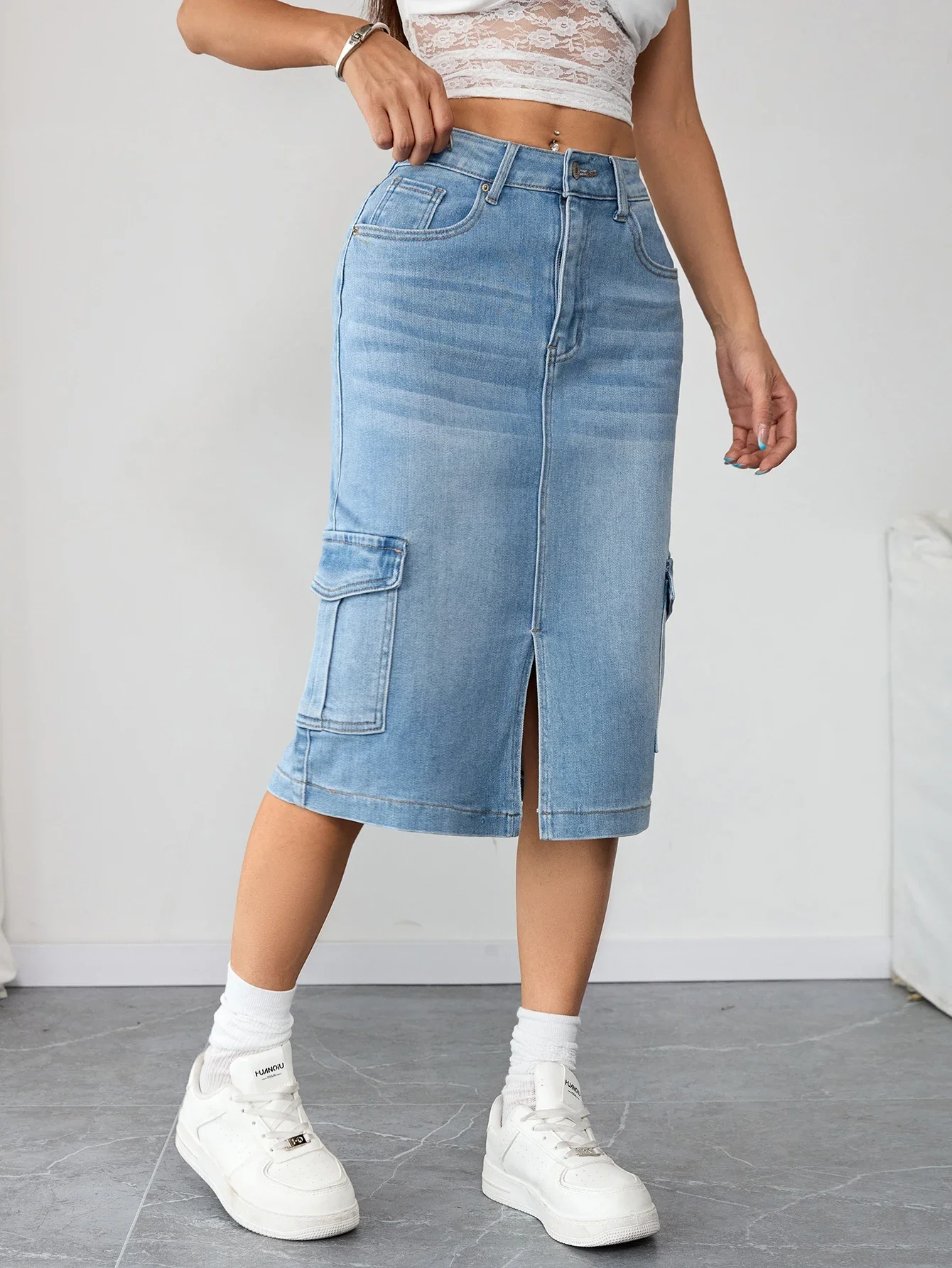 أزياء زائد حجم المرأة الدنيم ميدي تنورة عالية الخصر البضائع الجينز تنورة متعرج صالح زائد حجم الدنيم الملابس