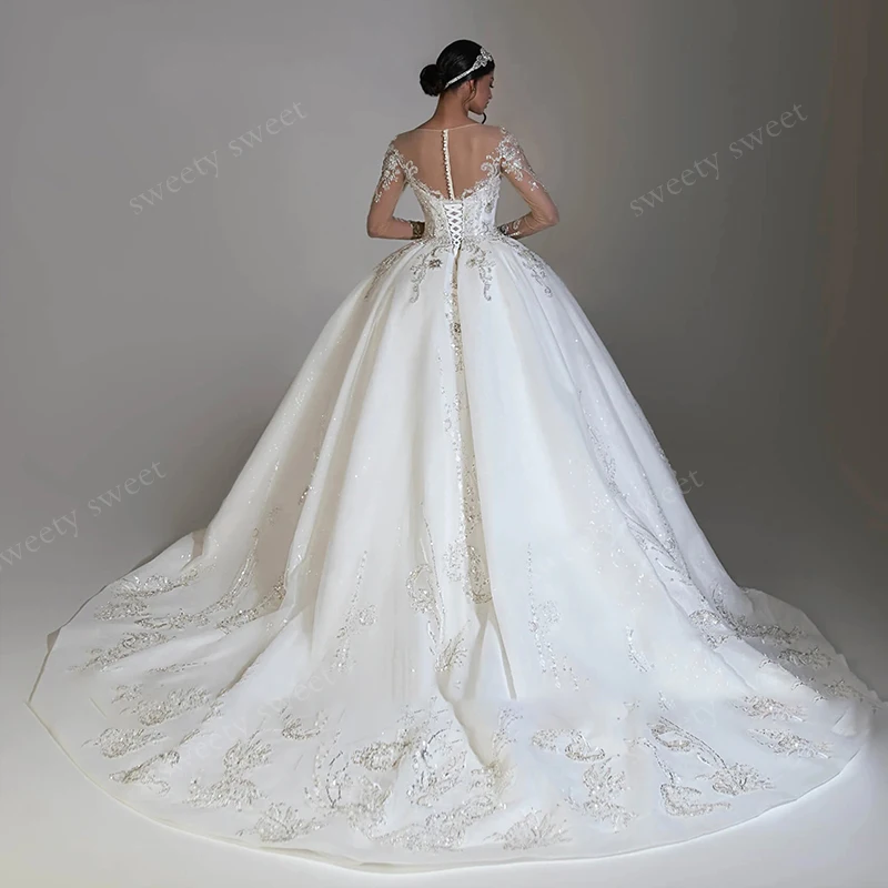 우아한 웨딩 드레스 오간자 자수 스팽글 볼 가운 풀 슬리브 O넥 맞춤형 신부 드레스 버튼 베스티도 데 노비아