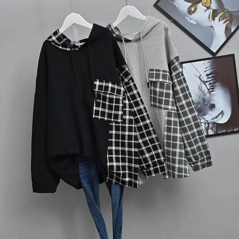 

Sweater Hoodie Women Spring Autumn Hooded Coat Tops Loose Big Size Stitching Plaid Pocket Jacket Fashion Hoodies Female