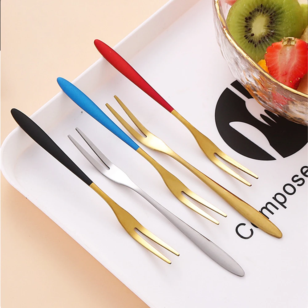 304 Stainless Steel Fruit Fork Snail Fork Dessert Cake Forks Salad Fork For Party Kitchen Tableware Set Gold Two-tine Forks SET