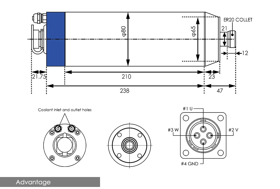 G-Penny 2,2 kW ER20 D80 wassergekühlte Spindel, Bullet-Typ, 220 V/380 V, 2,2 kW YL42 Inverter, 80 W Pumpe, 80 mm Spindelhalterung – Detail 4