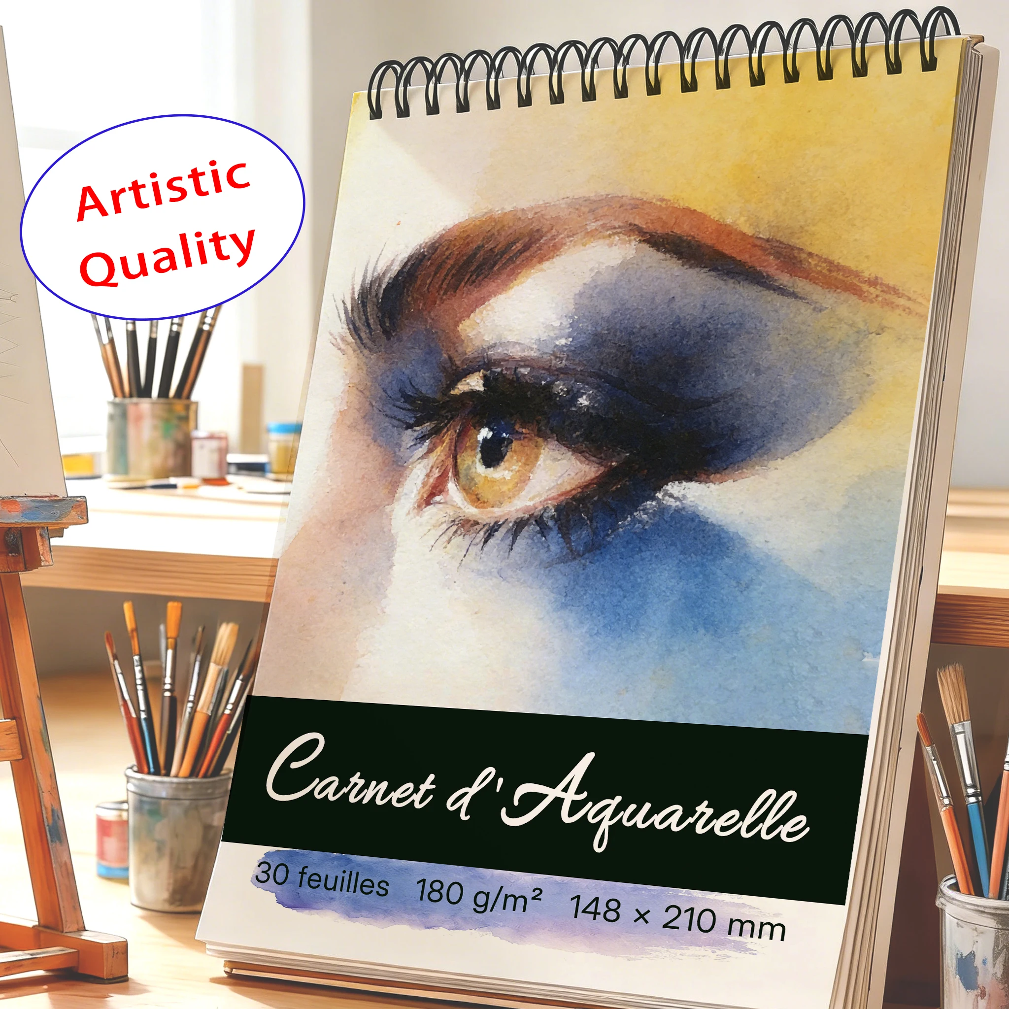 A5 Spiral Bound Watercolor Sketchbook, 180gsm Acid-Free Art Paper Pad, 30 Sheets, Realistic Eye Watercolor Cover, Ideal for Back