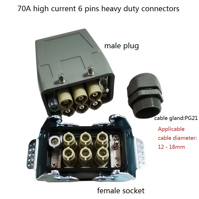 

70A high current 6 pins heavy duty connectors Including plug and socket Aviation waterproofing connector ，screw terminal PG21