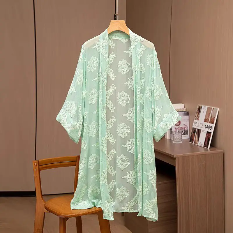 Winsleter-100%Real Silk Elegant Sunscreen Tops, 3/4 Sleeve Embroidery, Women Beach Vacation Thin Coat, 2026 Summer New C64567CC