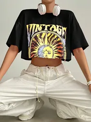 Sun & Letter Graphic Drop Shoulder Crop Tee Loose Fitness Top Shirt Sports oversized Short Sleeve T-shirt Top Women's