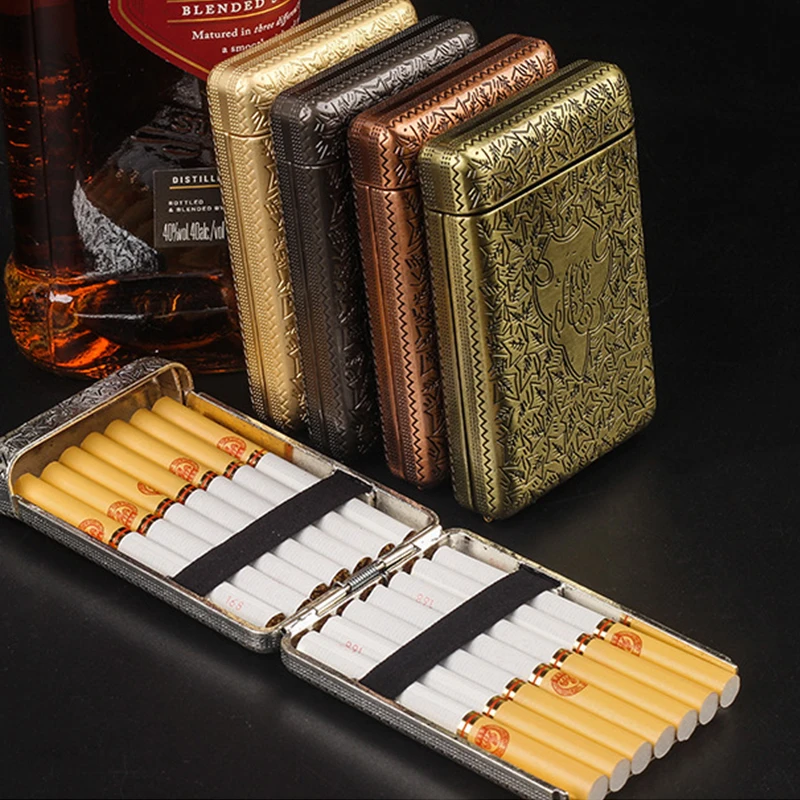 Retro Metal Hand-carved Cigarette Case for 14 Man Cigarettes Smoke Box Cigarette Flick Case Holder Smoking Tools 5 Color Gifts