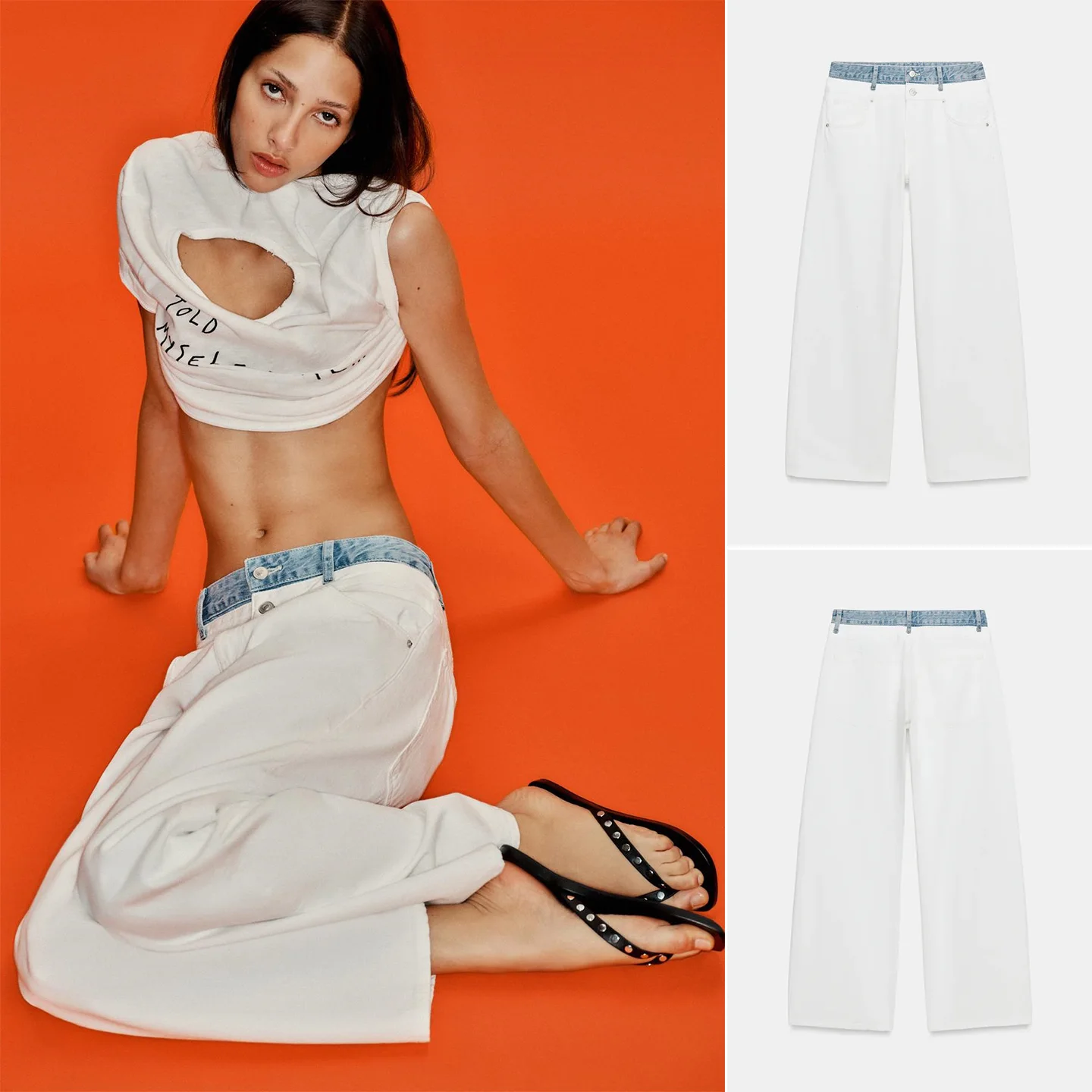 Summer New Women's Simple Button Zipper Mid-Waist Double Layer Waist Wide Leg Jeans Elegant Slimming Polyester Fiber