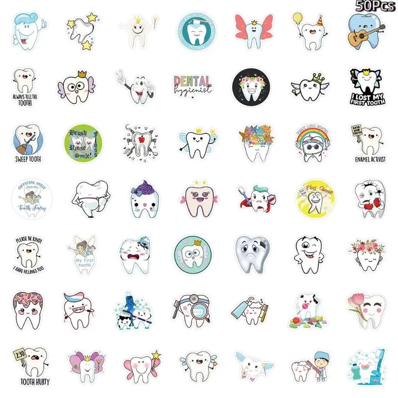 50Pcs Dental Stickers Cartoon Decoration Tooth Shaped Sticker Dentistry Dental Clinic Decals Early Childhood Education Supplies