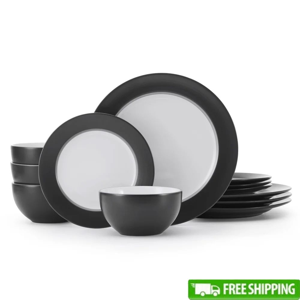 

12 Piece Stoneware Dinnerware Set Charcoal Border White Center Dishwasher Safe Durable Elegant Tableware Everyday Use