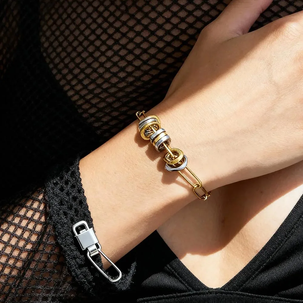 

YHTOT Minimalist Stainless Steel Bicolor Multi-circle Bracelet 18K PVD Chain Bracelet Woman Jewelry Party Gift