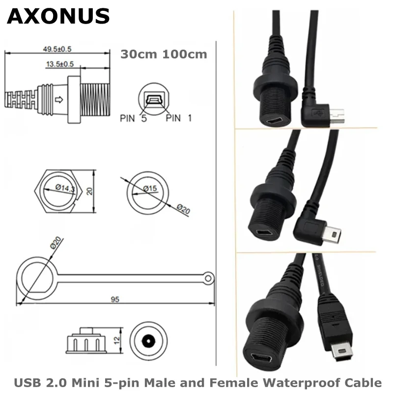 USB 2.0 Mini 5-pin Male and Female AUX Embedded Panel, Automotive Ship Instrument Panel Installation Connector, Waterproof Cable