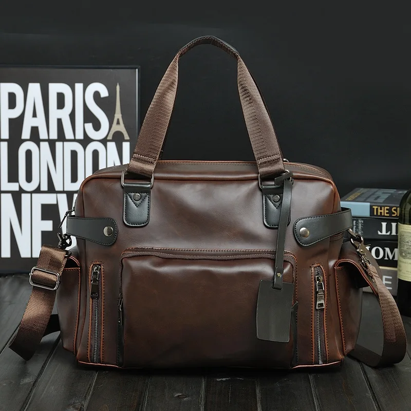 PU leather briefcase men's shoulder crossbody bag horizontal retro multi-function handbag flip cover men's business bag