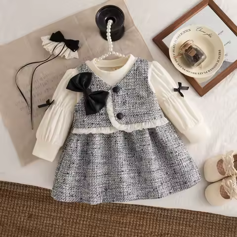 Girls Evening Party Costume Spring Autumn Korean Style Baby Girl Dress Lace Bow Design Long Sleeved Black Dress 0-2 Years