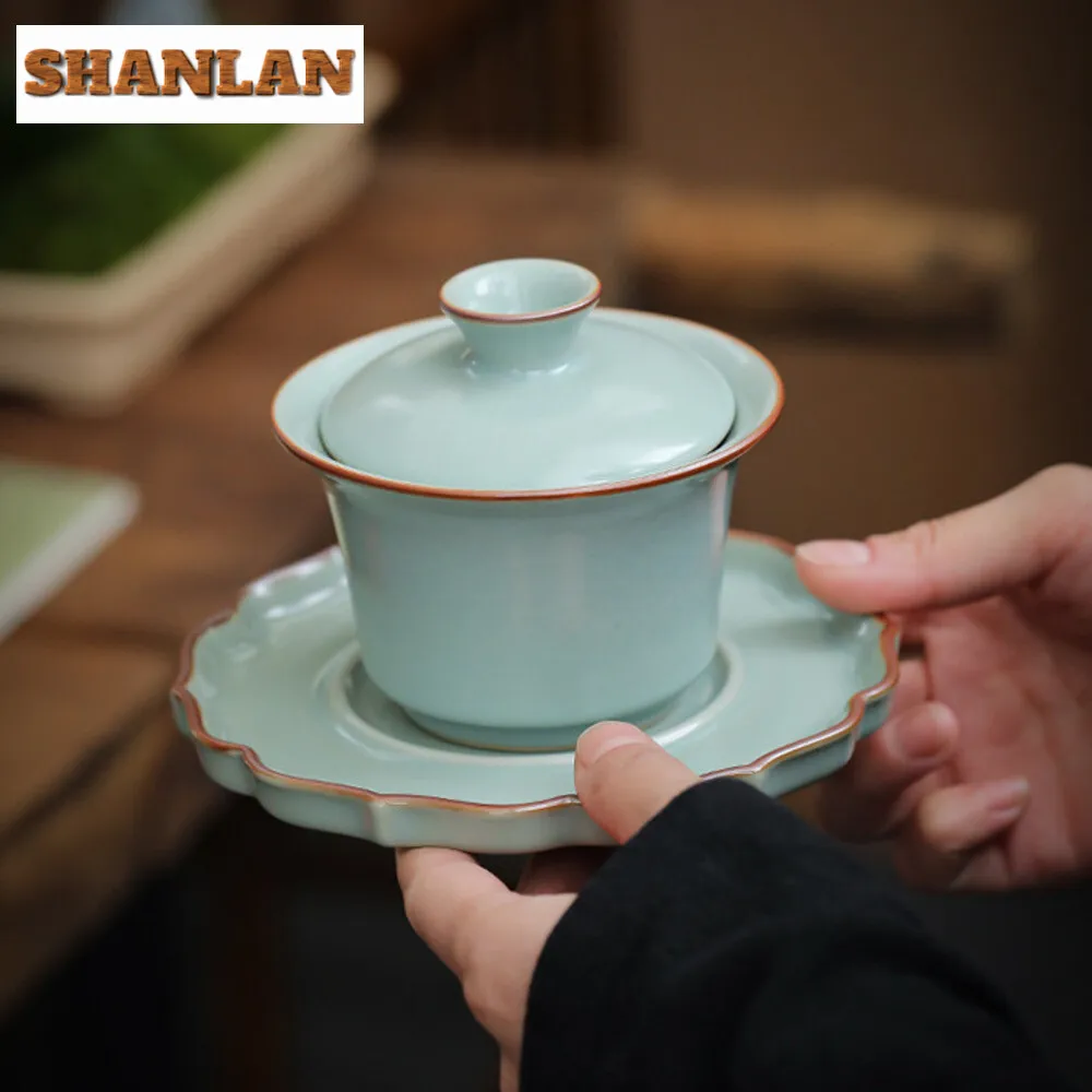 

Handmade Azure Ru Kiln Porcelain Gaiwan Creative Ice Cracks Galze Tea Tureen Household Tea Maker Cover Bowl Teaset Decoration