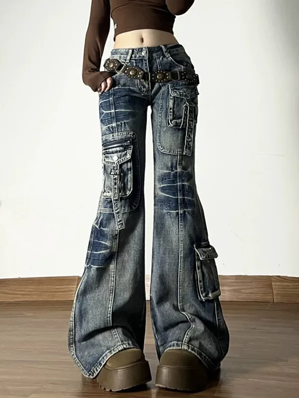 Y2K 2000s Aesthetic High Waisted Denim Jeans Women Gothic Punk Flare Pants Japanese Harajuku Hip-hop Street Fashion Trousers