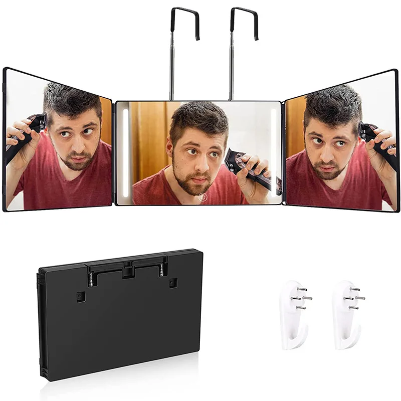 S Espejo de maquillaje de tocador triple portátil de viaje 360 con gancho telescópico de altura ajustable para cabello espejo Fordable de corte automático