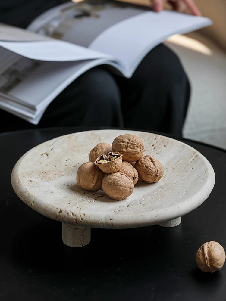 Wabi Sabi Marble Reception Tray Decorative Fruit Bowl Table Decor Vintage Travertine Stone Jewelry Perfume Plate with Three-legs