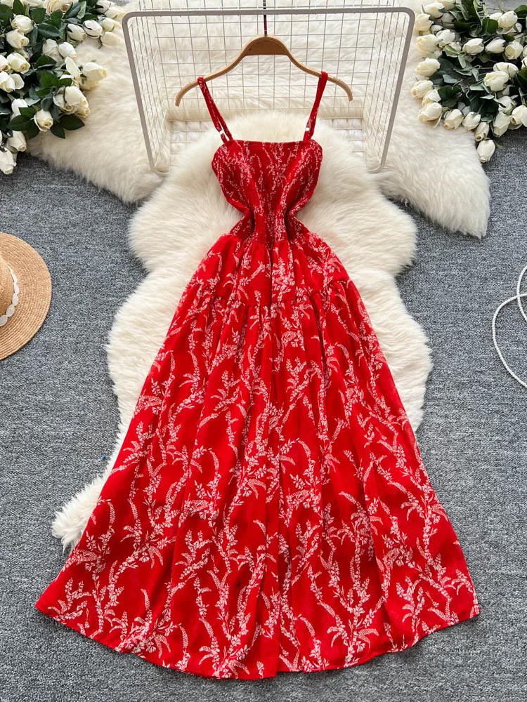 Vestido largo Retro con estampado Floral para mujer, vestido de verano con cintura adeazante, sin tirantes, estilo coreano,...