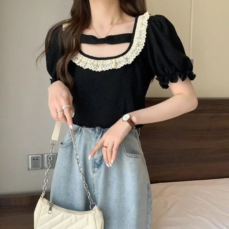 

Japan Style Sweet Lace Spliced Shirts Summer Puff Sleeve Elegant Women's Clothing Fashion Bow O-neck Basic Solid Color Blouse