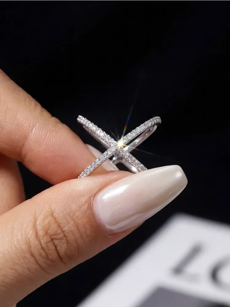 Echter Moissanit-Diamant, modischer, schlichter X-förmiger Ring für Damen, Party, 925er Sterlingsilber, hochwertiger edler Schmuck – Detail 4