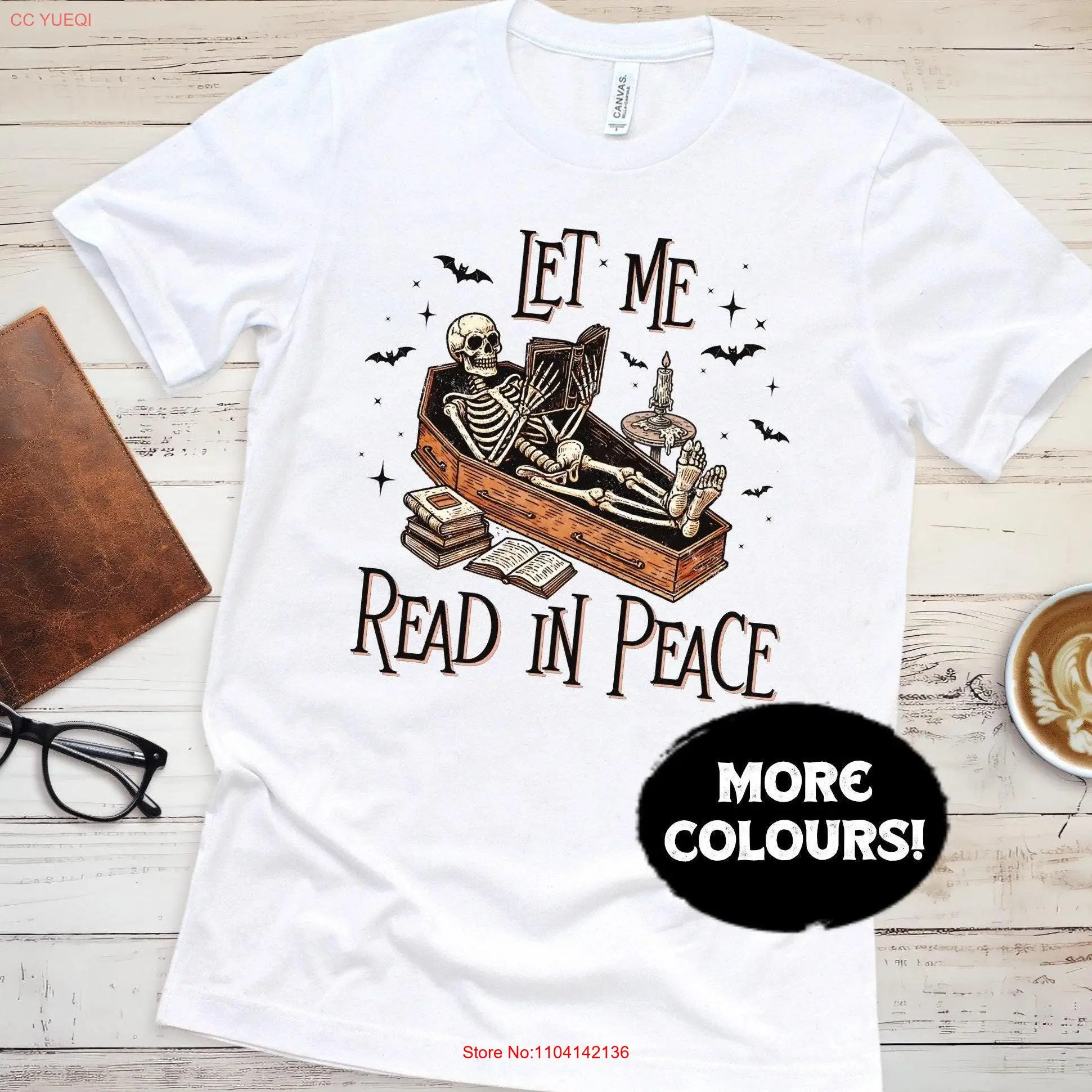 Leer en paz camiseta esqueleto Halloween libro Club murciélagos lectura ataúd libros vela mangas largas o cortas