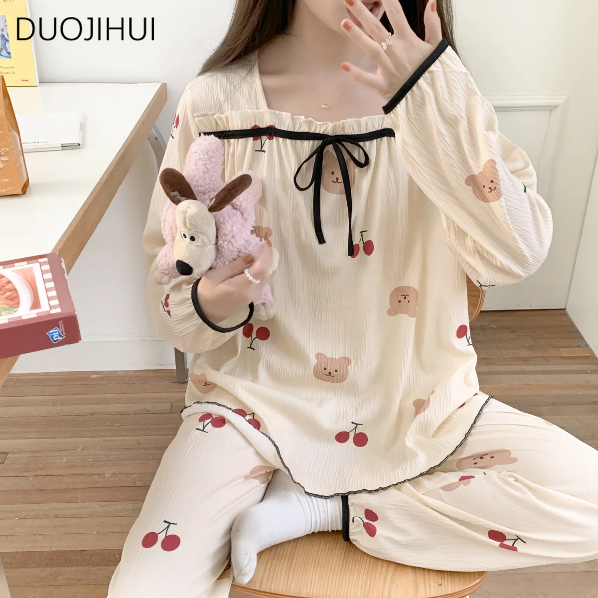 DUOJIHUI-Conjuntos de pijamas de duas peças para mulheres, impressão chique, pulôver simples, calçado fashion, pijama feminino, casual em casa, primavera