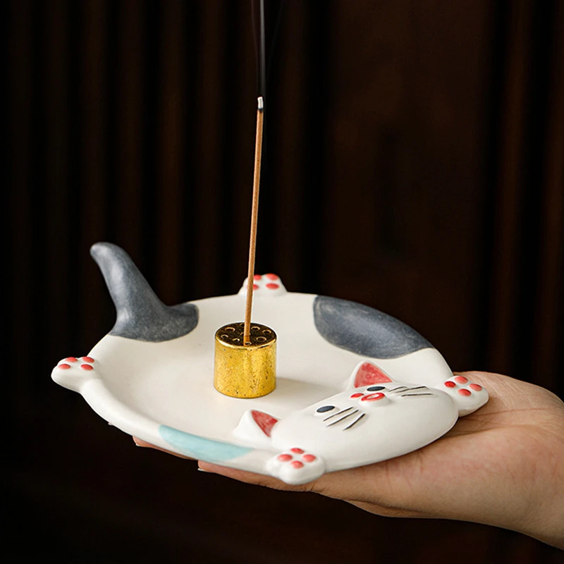 Hand-painted Animal Ceramic Incense Holder with 9-Hole Metal Incense Stick Stand, Lucky Cat Aromatherapy Incense Tray