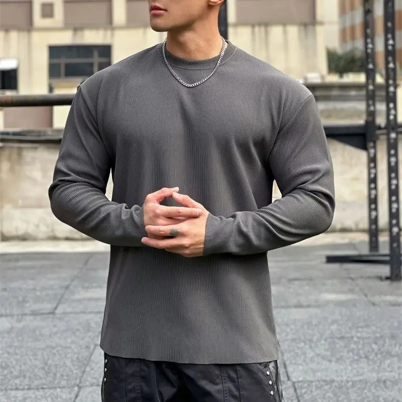 Loose long sleeve men's T-shirt outdoor casual solid color vertical grain men's shirt elastic fashion fitness sports men's wear
