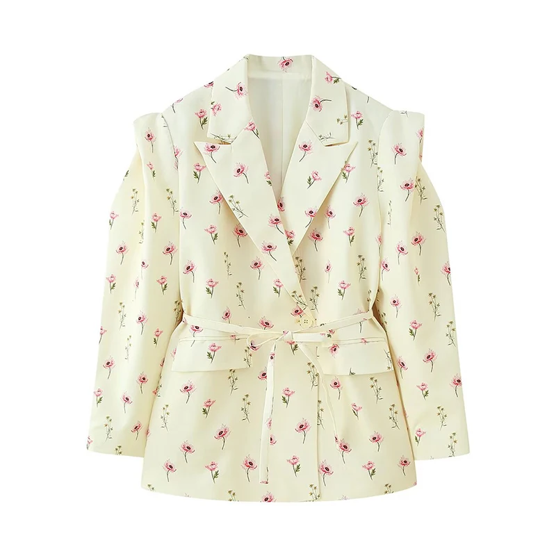 

YENKYE Women 2025 New Fashion Floral Print Blazer Single Button With Belt Long Sleeve Street Suit Jacket Loose Autumn Coat