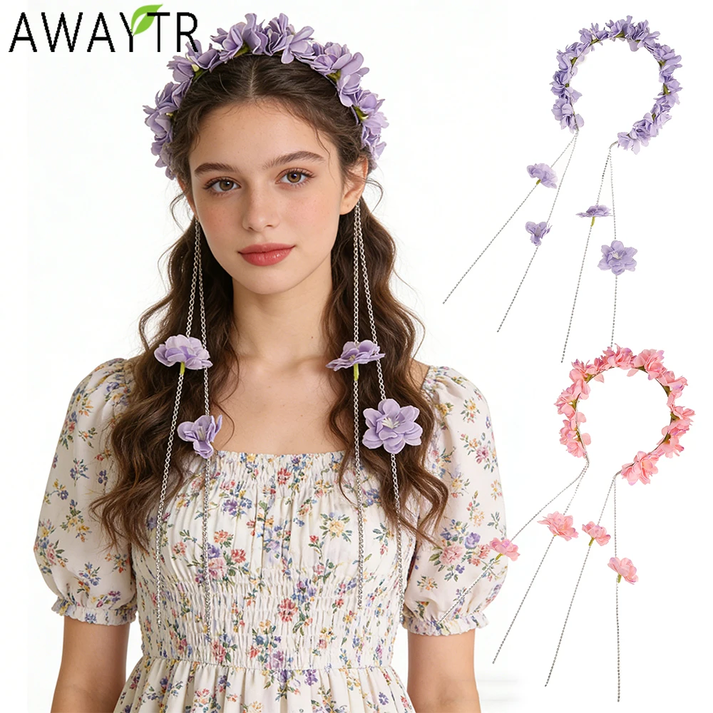 

AWAYTR Camellia Crystal Tassel Headband Hair Accessories Artificial Floral Wreath Head Band Bride Hairstyles