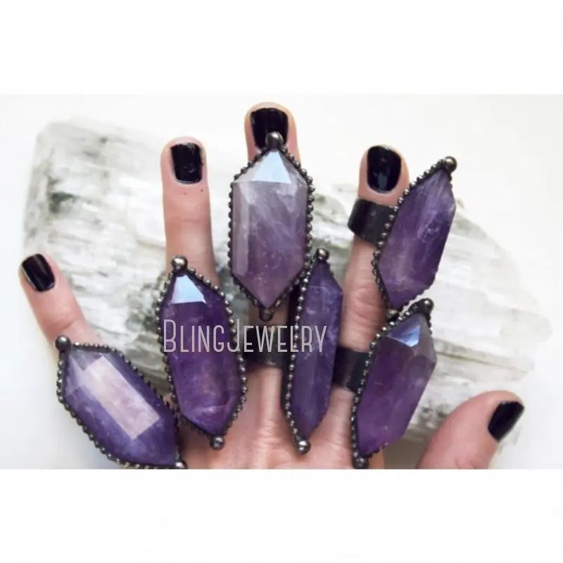 10pcs Amethyst Lord of Ring Wedding Women Cyberpunk Purple Crystal Halloween Gothic Stainless Steel Y2K Jewelry