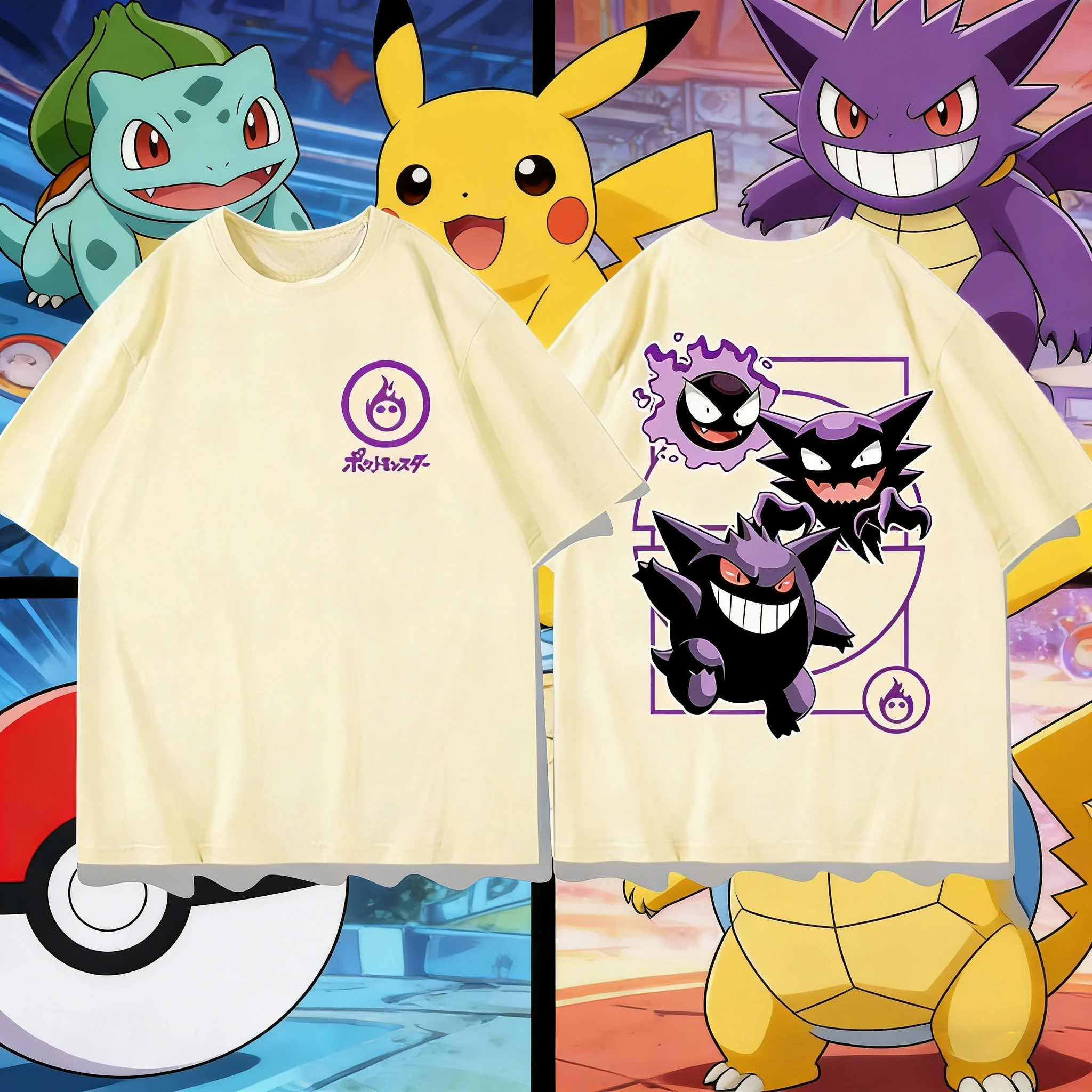 2026 Sommer Pokémon Gengar Evolution Doppelseitig Bedrucktes T-Shirt, 100% Baumwolle Locker Geschnittenes Übergroßes Paar- & Familien-T-Shirt & Sport-T-Shirt
