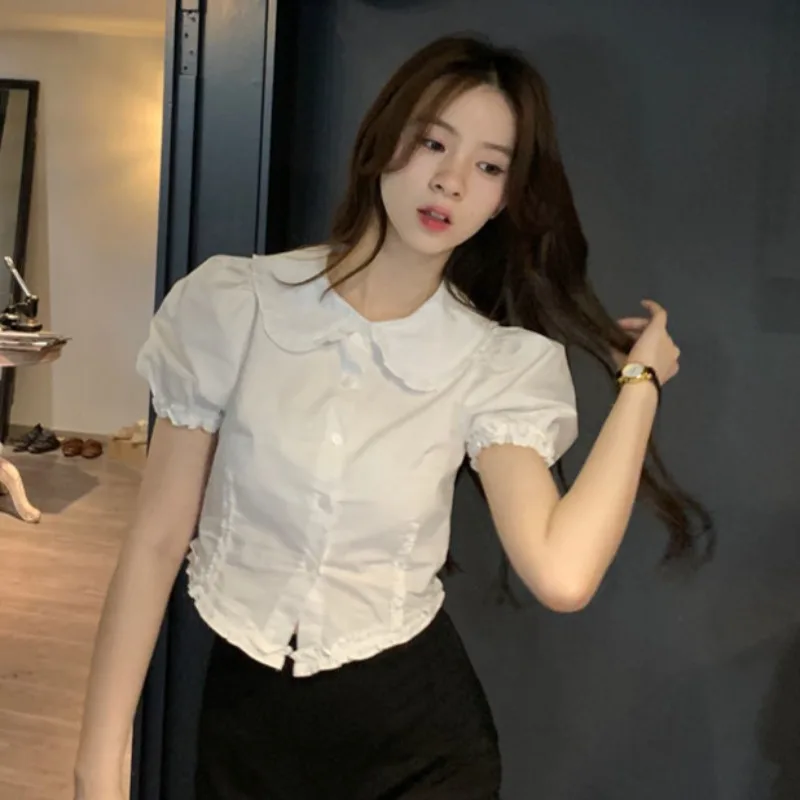 Shirts Women Preppy Style Peter Pan Collar Fashion Slim Puff Sleeve Chic Y2k College Summer Sweet Girlish Crops Blusas Kawaii