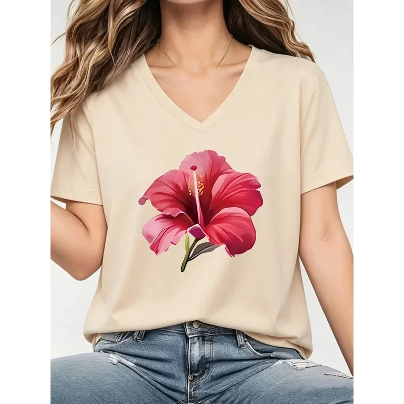 Modern T-shirt with Floral Print, V-neck, Loose, Short-sleeved, Casual, for Spring/Summer, Women's Clothing
