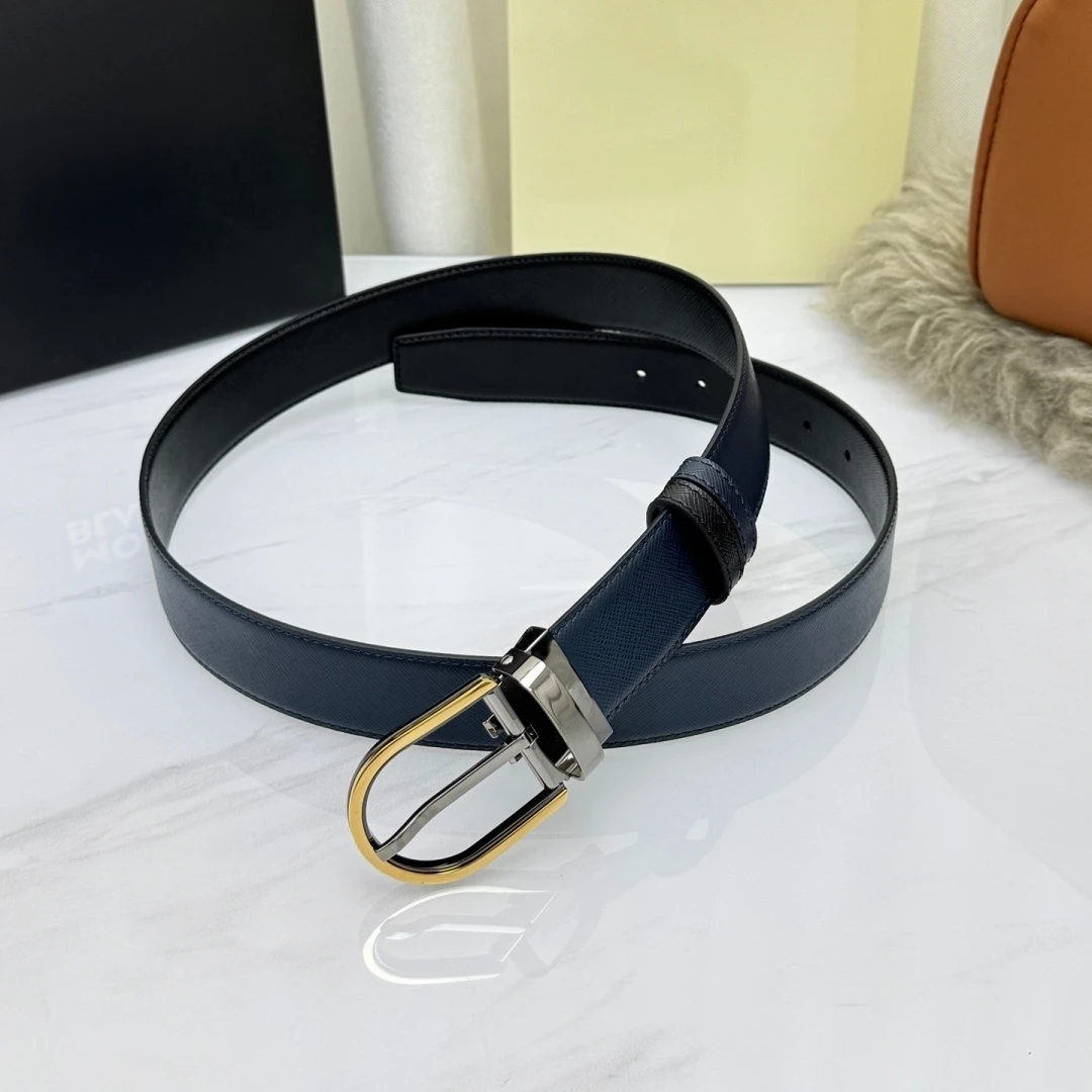 Business Formal Waist Strap Luxury Brand Men's Reversible Cross-Grain Belt Rotatable Oval Pin Buckle Black Navy Blue Dual‑Sided