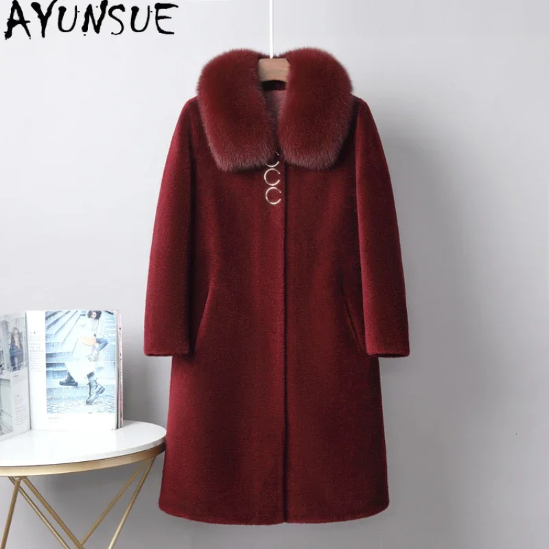 

AYUNSUE Sheep Shearing Jacket for Women Autumn Winter Mid-length 100% Wool Coats Fox Fur Collar Outerwears Chaquetas Para Mujer