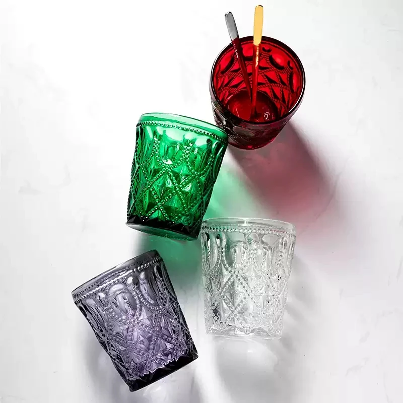 300ml Vintage Embossed Glass Tumbler Retro Diamond Pattern Colored Water Cup Whiskey Juice Glass Cup Home Drinkware