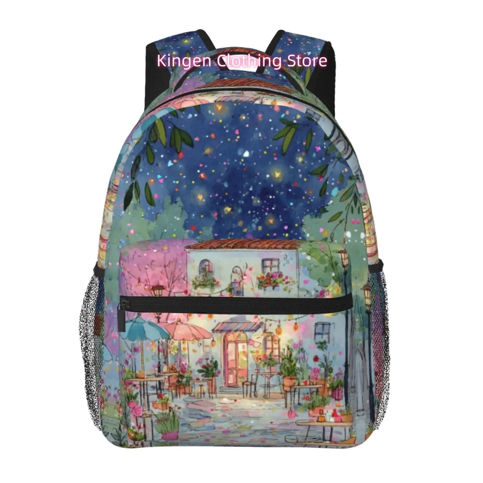 Night Starry Cafe Watercolor Print Backpack, Adjustable Shoulder Straps, High Quality Oxford Cloth, for Women Travel, Outdoor& D