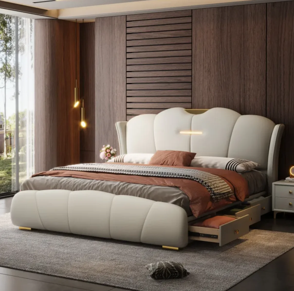 *q for Latest Design Modern Queen Bed Frame Foshan LED Floating Bed King Upholstered Wood Beds Furniture Luxury Full Bedroom*