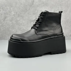 Men's Motorcycle Boots Platform Leather Luxury Height Increase 8cm Sneakers Lace Up Autumn Black Designer Shoes