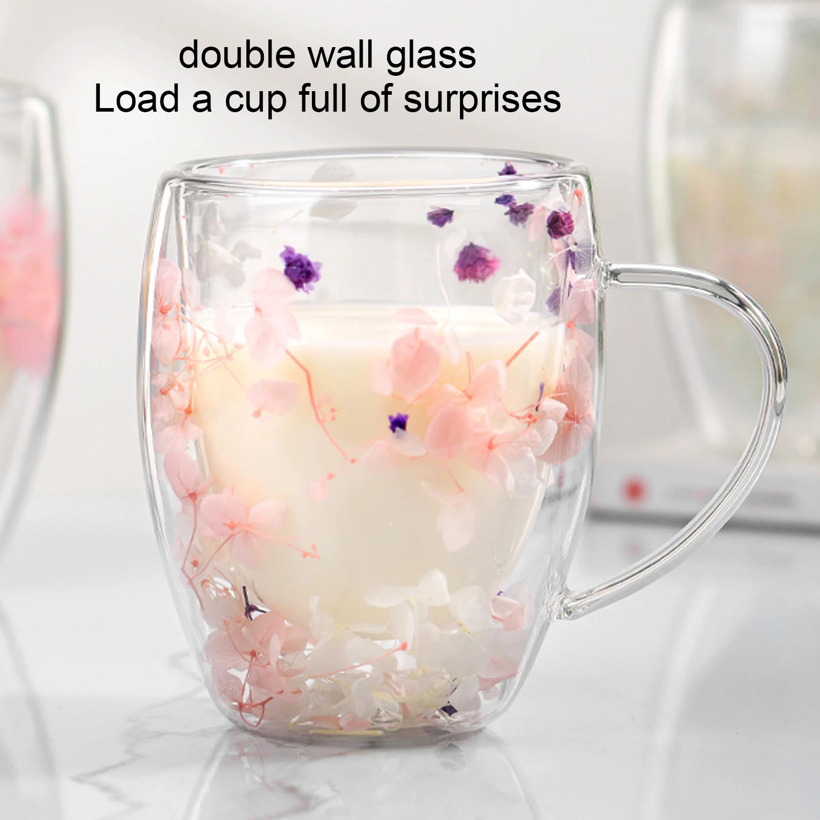 Double Walled Glass Coffee Mugs 350ml Clear Double-Layered Dried Flower Cups Flower Mugs with Handle Heat Resistant Aesthetic