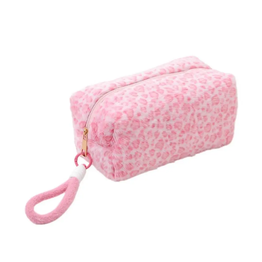 Casual Cosmetic Bag Leopard Print Pattern Large Capacity Fluffy Makeup Bag Lightweight Zipper Fuzzy Storage Bag Women's