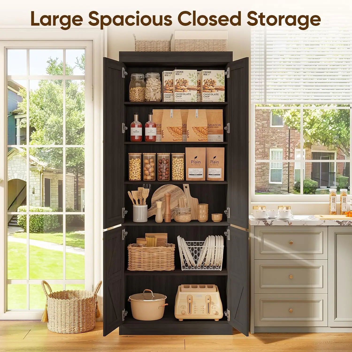 70.8" Farmhouse Bookshelf with Glass Doors, 6-Tier Adjustable Shelves, Cabinet for Kitchen & Living Room, Set of 3, Customized - view 6