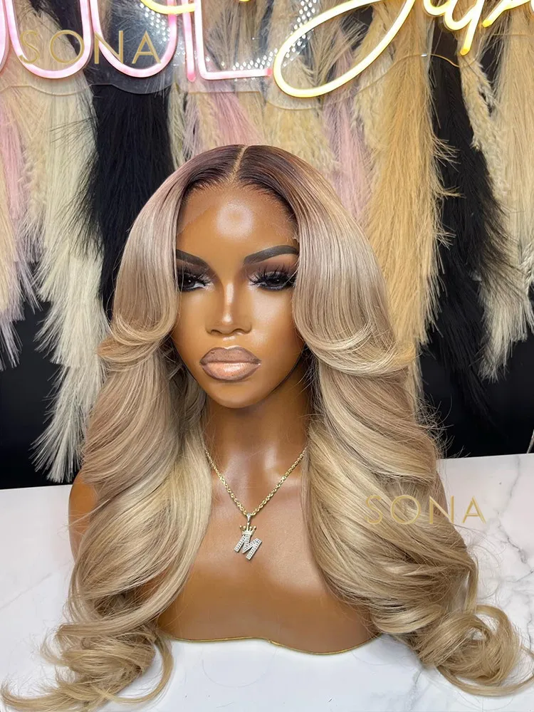 Perruque Lace Front Wig naturelle avec racines foncées, cheveux humains, blond miel ombré, 13x6, 13 tage