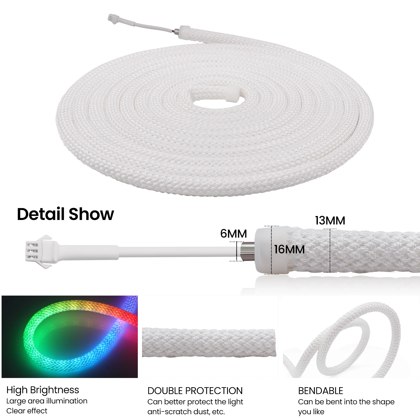 Imagem -03 - Rodada Tecido Reticular Led Neon Strip Fita Flexível Luz Silicone Ip67 Dc5v 360 Graus 50leds por m Endereçável Ws2812b Ws2811 Ws2811