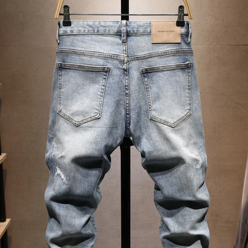 fashion new jeans,Y2K painted, washed, nostalgic, stretchy, slim fit, retro, light blue jeans, high street hip-hop, Italian pan